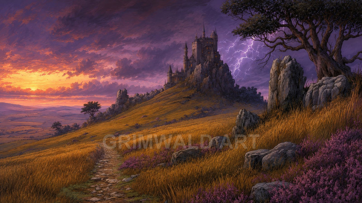 A winding path crosses golden moorland toward a hilltop castle under a purple sunset sky, lightning flashing behind a twisted tree and rocks.