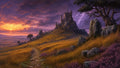 GRID THUMBNAIL — A winding path crosses golden moorland toward a hilltop castle under a purple sunset sky, lightning flashing behind a twisted tree and rocks.