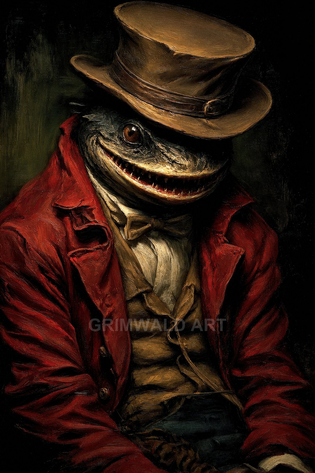 Anthropomorphic lizard in a top hat and red coat, Victorian-style portrait with toothy grin, moody dark background and painterly textures.
