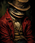 GRID THUMBNAIL — Anthropomorphic lizard in a top hat and red coat, Victorian-style portrait with toothy grin, moody dark background and painterly textures.