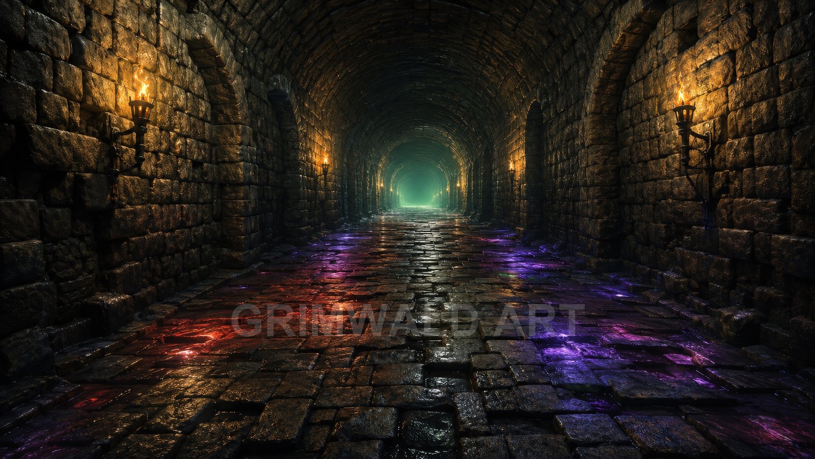Torchlit stone dungeon corridor with wet cobblestones and glowing purple and red puddles, receding into a misty green-lit distance beneath arched walls.