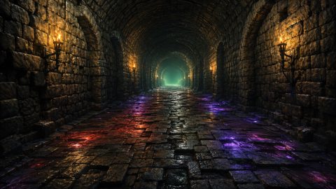 GRID THUMBNAIL — Torchlit stone dungeon corridor with wet cobblestones and glowing purple and red puddles, receding into a misty green-lit distance beneath arched walls.