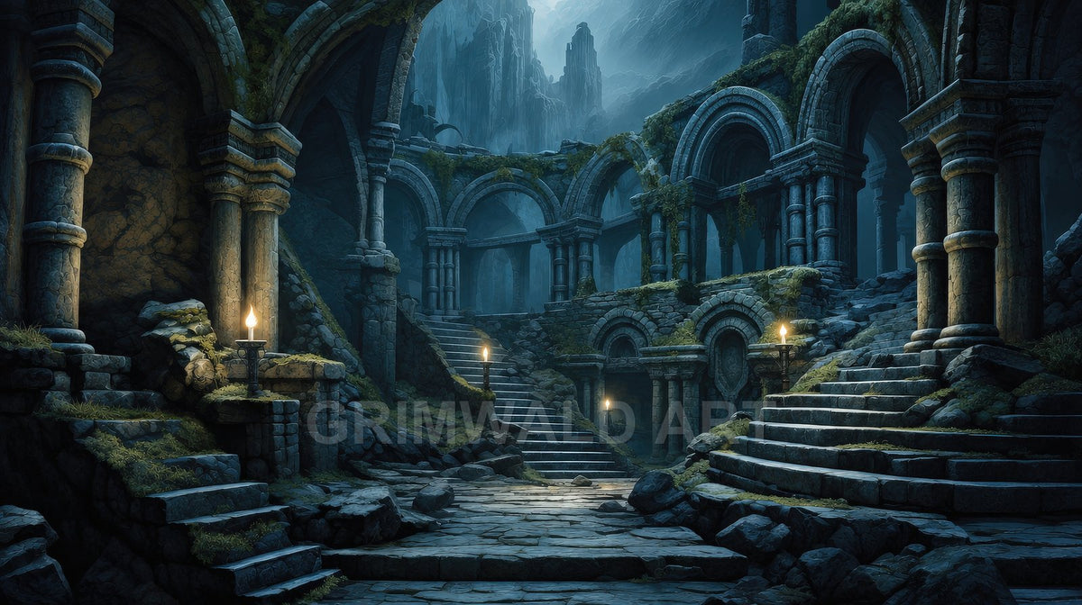Ancient stone ruins with arches and stairways, overgrown by moss, lit by flickering torches beneath towering mountain cliffs in cool blue twilight.