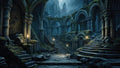 GRID THUMBNAIL — Ancient stone ruins with arches and stairways, overgrown by moss, lit by flickering torches beneath towering mountain cliffs in cool blue twilight.
