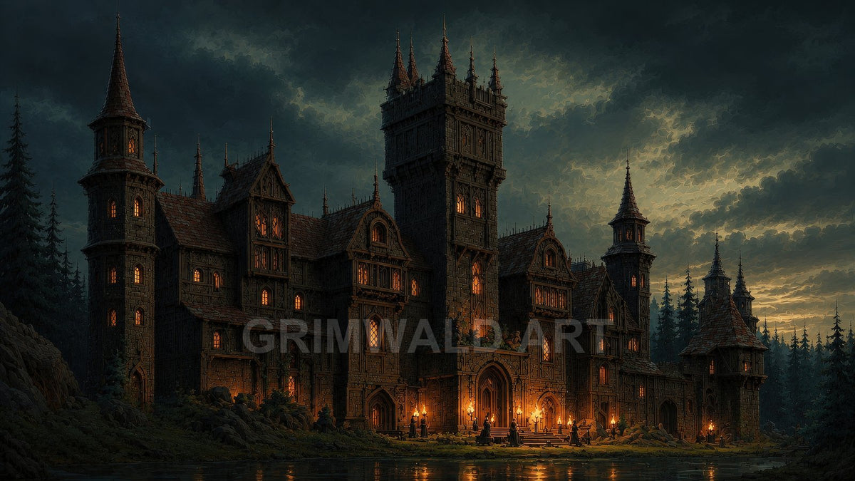 Gothic stone castle with spired towers beside a forested lake at dusk, windows and torches glowing warmly beneath dramatic clouded skies.