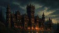 GRID THUMBNAIL — Gothic stone castle with spired towers beside a forested lake at dusk, windows and torches glowing warmly beneath dramatic clouded skies.
