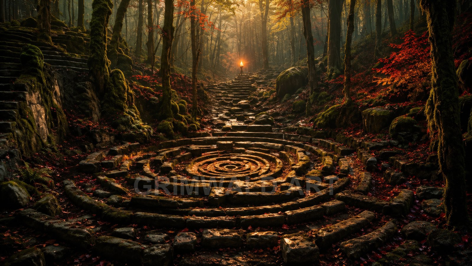 Mossy stone labyrinth and ancient steps in an autumn forest, lit by a solitary torch under golden misty light filtering through trees.