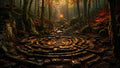 GRID THUMBNAIL — Mossy stone labyrinth and ancient steps in an autumn forest, lit by a solitary torch under golden misty light filtering through trees.
