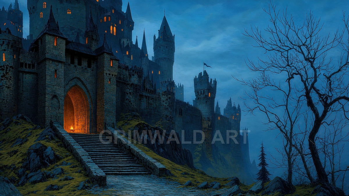 Vast stone castle with glowing windows and a torchlit gate rises over rocky slopes at night, under a misty blue sky with bare trees.