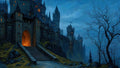 GRID THUMBNAIL — Vast stone castle with glowing windows and a torchlit gate rises over rocky slopes at night, under a misty blue sky with bare trees.