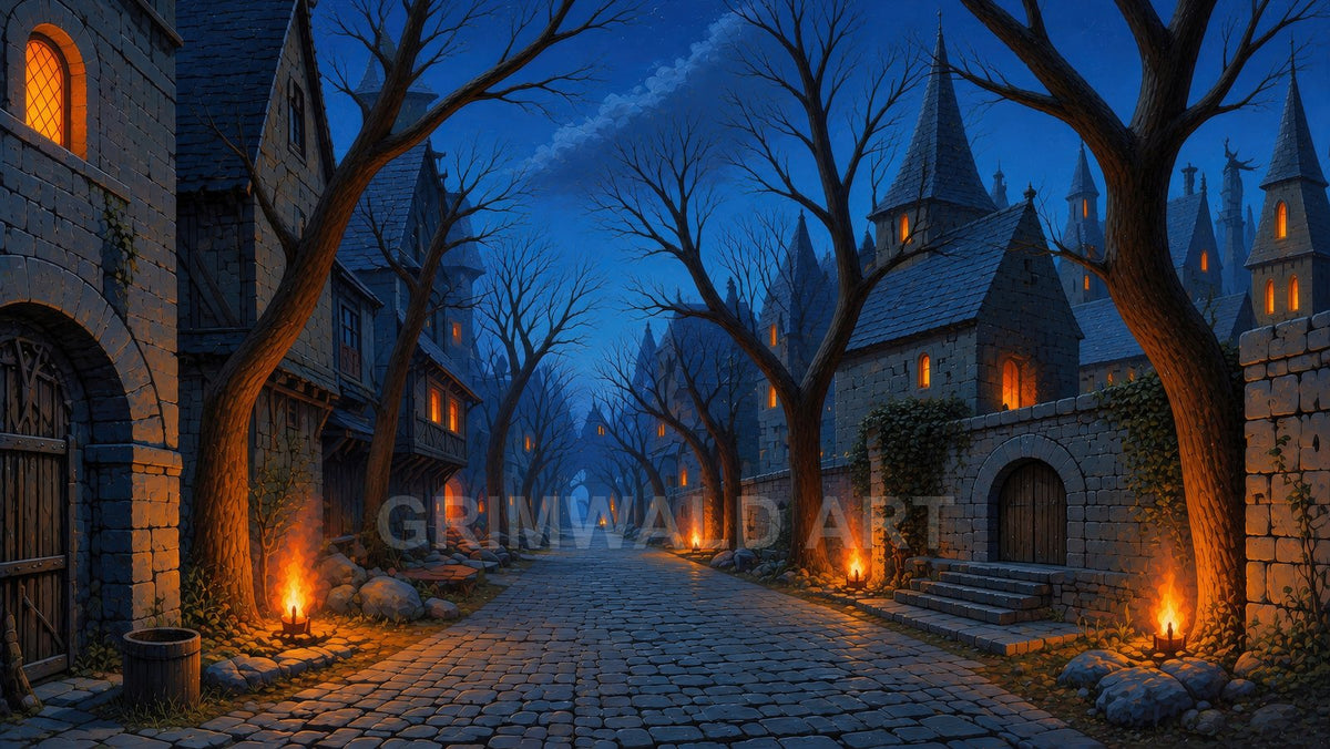 A deserted cobblestone street lined with bare trees and stone houses, warm torches and glowing windows, under a deep blue night sky with spires.