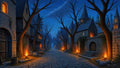 GRID THUMBNAIL — A deserted cobblestone street lined with bare trees and stone houses, warm torches and glowing windows, under a deep blue night sky with spires.