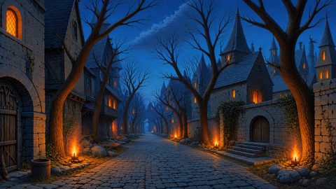 GRID THUMBNAIL — A deserted cobblestone street lined with bare trees and stone houses, warm torches and glowing windows, under a deep blue night sky with spires.