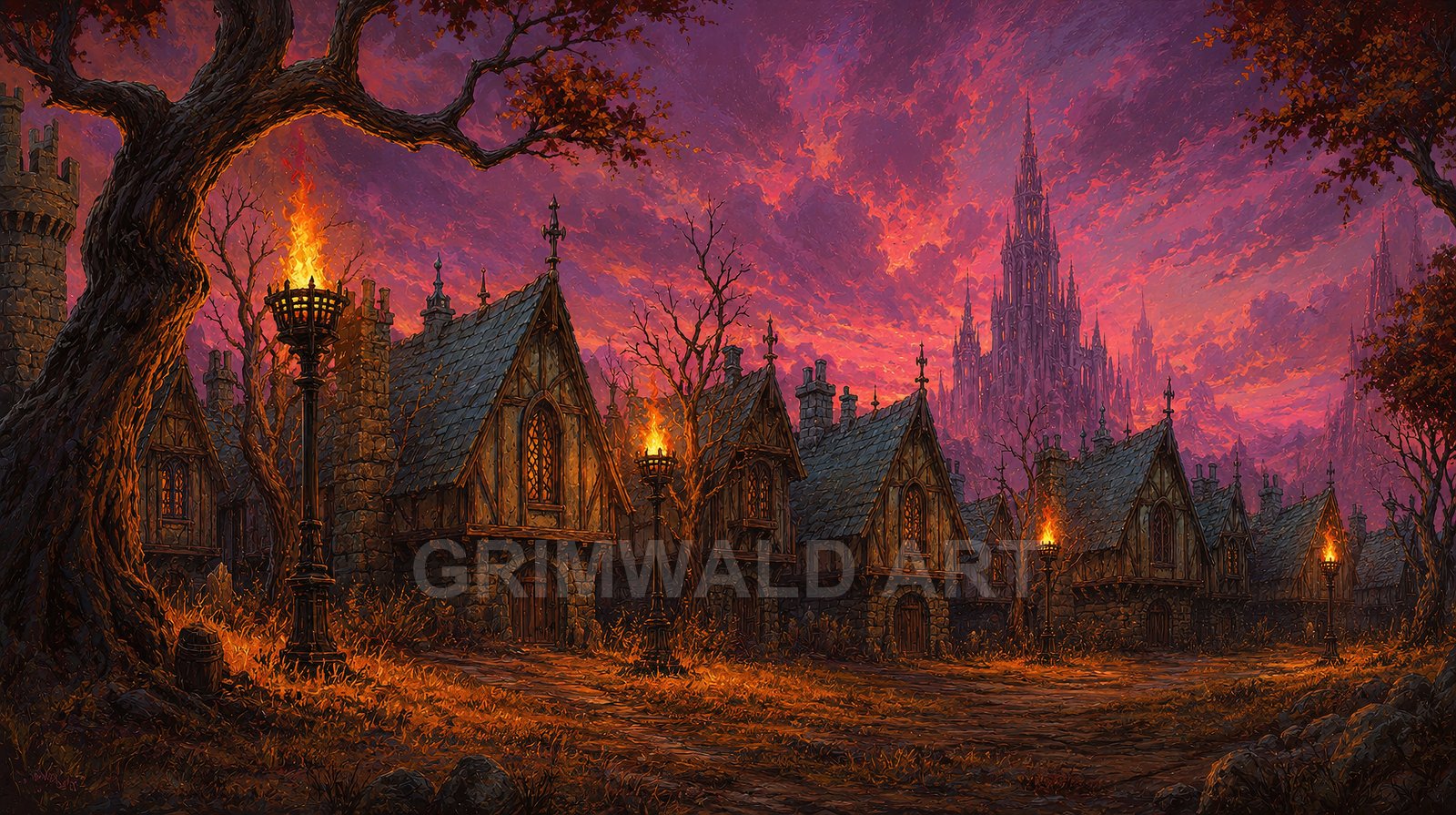 Medieval-style village street with timber cottages and burning torches at sunset, under a purple sky, with a distant spired castle.
