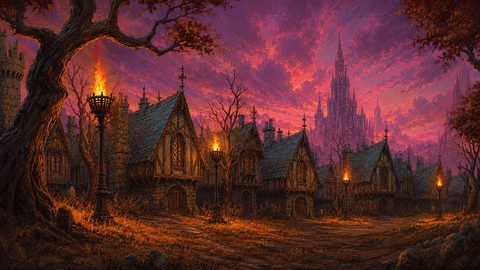 GRID THUMBNAIL — Medieval-style village street with timber cottages and burning torches at sunset, under a purple sky, with a distant spired castle.