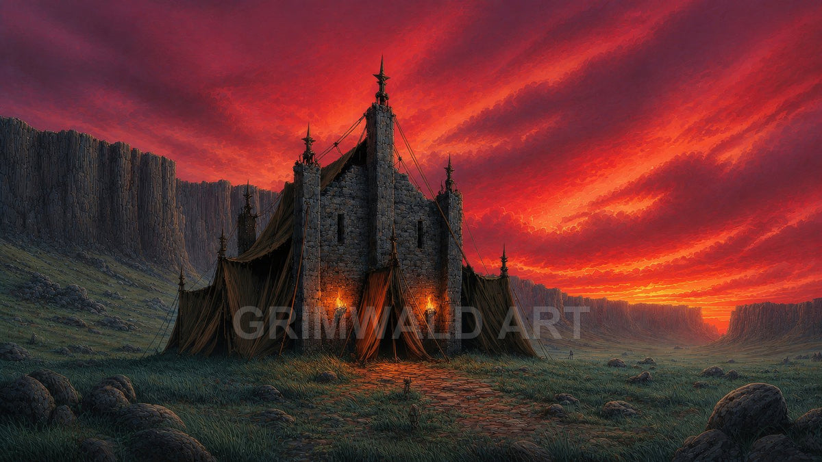 A torchlit stone outpost draped with dark tents stands in a grassy valley beneath towering cliffs, under a vivid red-orange sunset sky.
