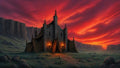 GRID THUMBNAIL — A torchlit stone outpost draped with dark tents stands in a grassy valley beneath towering cliffs, under a vivid red-orange sunset sky.