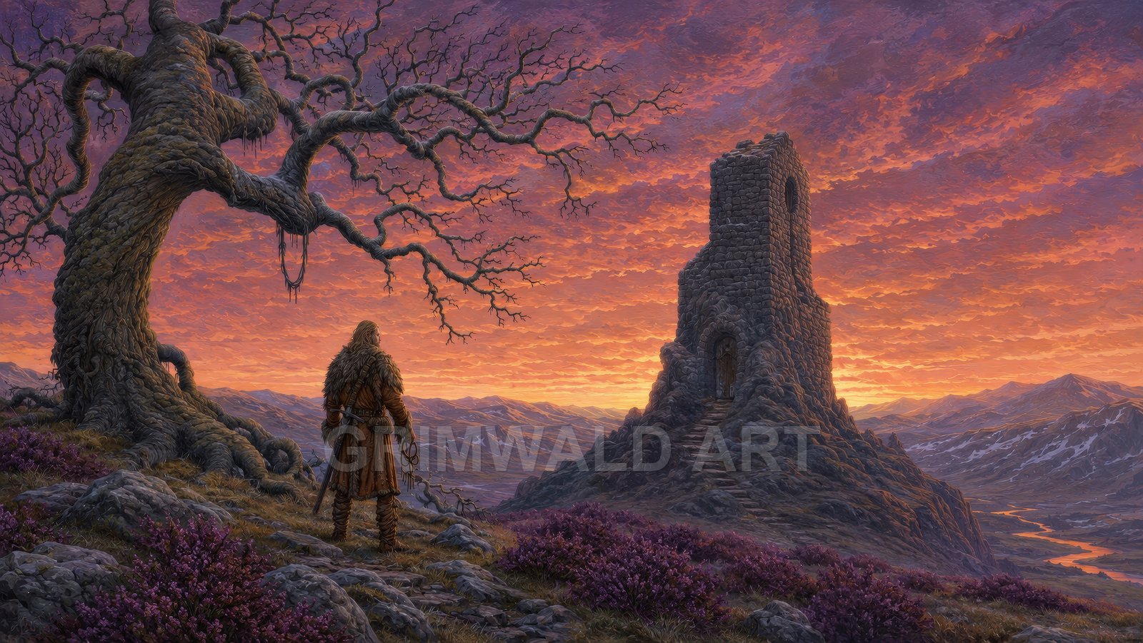 A purple-orange sunset over a mountain valley with a ruined stone tower, gnarled tree, blooming heather, and a cloaked traveller on the ridge.
