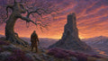 GRID THUMBNAIL — A purple-orange sunset over a mountain valley with a ruined stone tower, gnarled tree, blooming heather, and a cloaked traveller on the ridge.