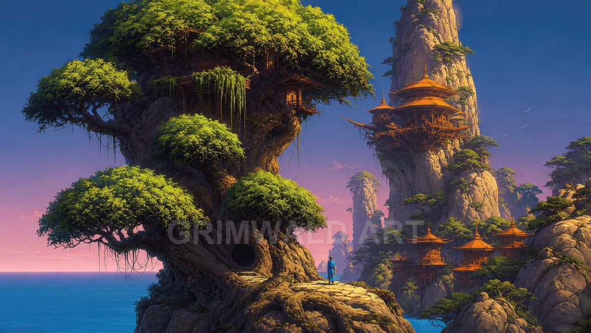 Fantasy coastline with a colossal tree harbouring dwellings and pagoda temples on rocky spires at twilight, with one small robed figure observing.