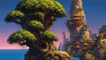 GRID THUMBNAIL — Fantasy coastline with a colossal tree harbouring dwellings and pagoda temples on rocky spires at twilight, with one small robed figure observing.