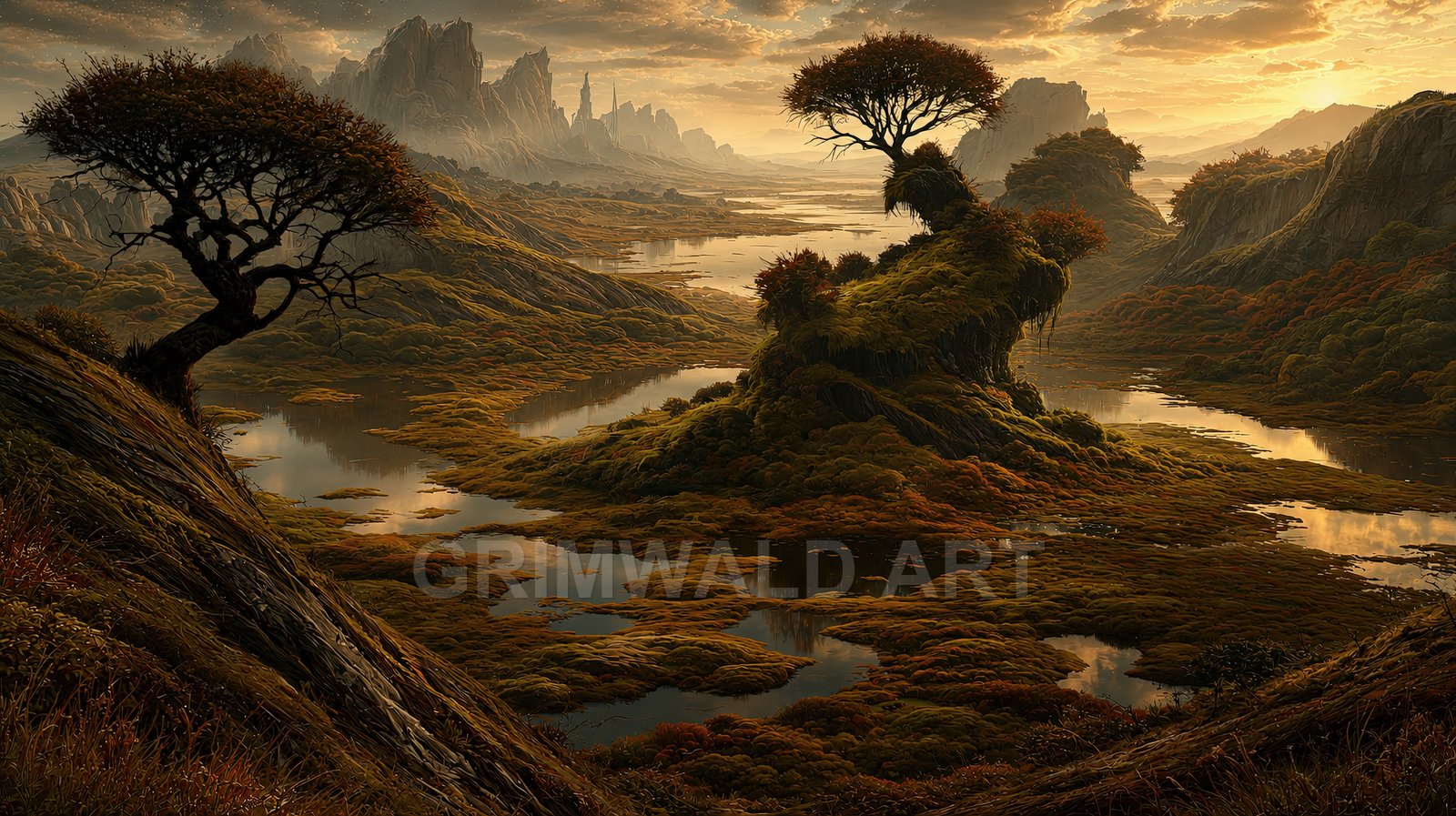 Golden-hour fantasy marsh with windswept trees on mossy islets, reflective river channels, and jagged distant mountains under a glowing, cloud-streaked sky.