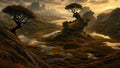 GRID THUMBNAIL — Golden-hour fantasy marsh with windswept trees on mossy islets, reflective river channels, and jagged distant mountains under a glowing, cloud-streaked sky.
