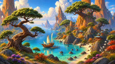 GRID THUMBNAIL — Fantasy coastline with turquoise bay, wooden sailing ship at small jetty, towering orange spires, bonsai-like trees and tiered pagodas under warm daylight clouds.