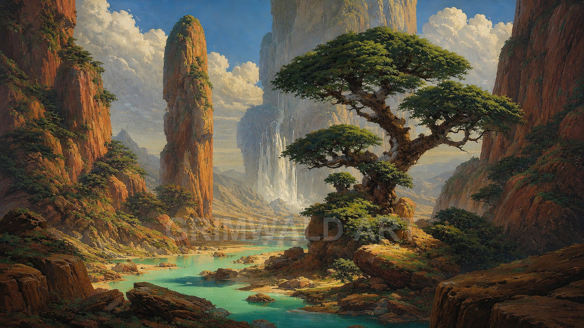 Fantasy valley of red-rock spires, turquoise river and a gnarled tree in foreground, with distant waterfall under bright daytime clouds.