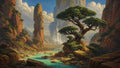 GRID THUMBNAIL — Fantasy valley of red-rock spires, turquoise river and a gnarled tree in foreground, with distant waterfall under bright daytime clouds.