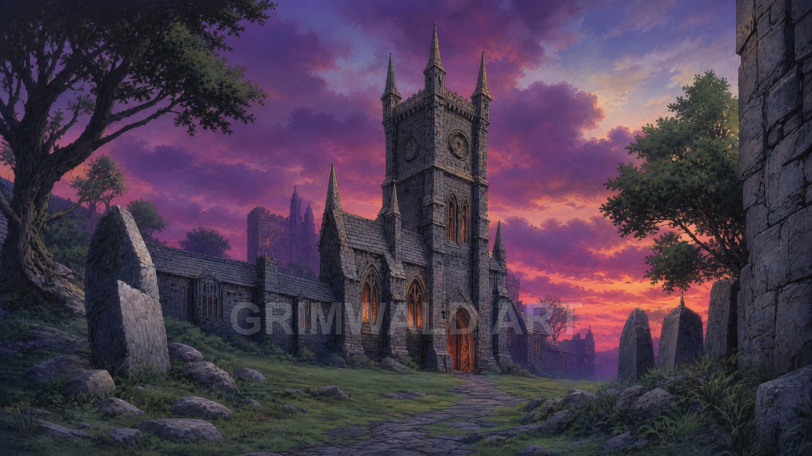 Gothic stone cathedral with warm orange windows, standing stones and trees around a winding path, under a vivid purple and orange sunset sky.