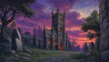 GRID THUMBNAIL — Gothic stone cathedral with warm orange windows, standing stones and trees around a winding path, under a vivid purple and orange sunset sky.