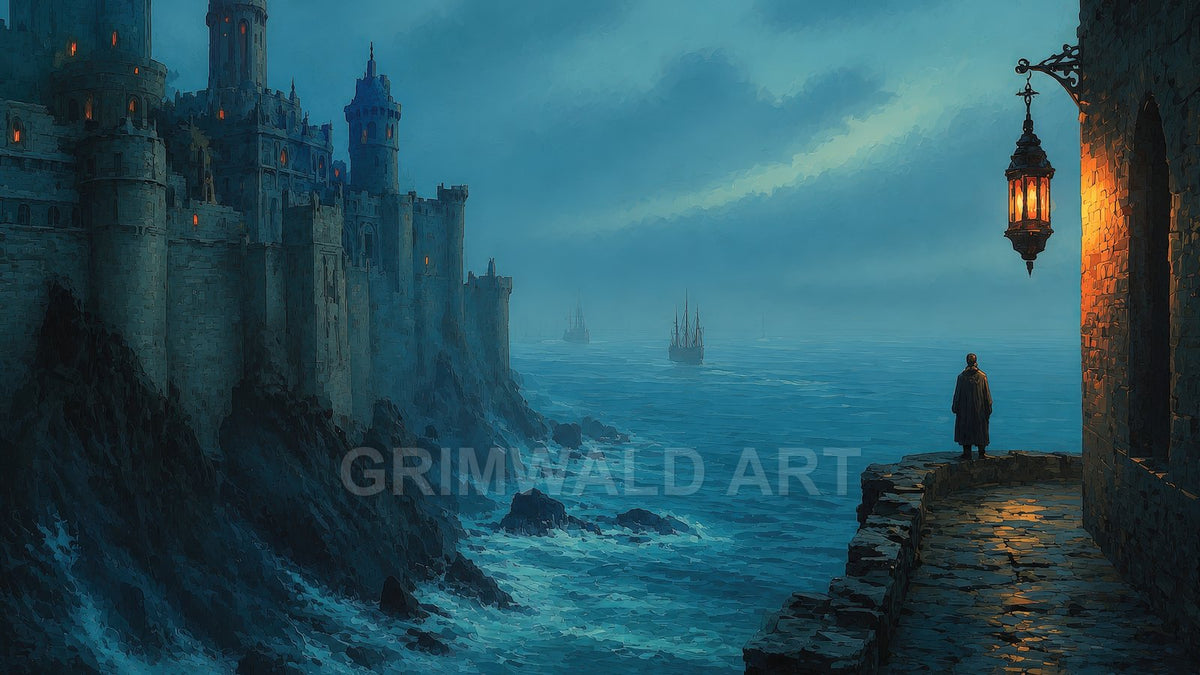 Cliffside castle above a dark blue sea at twilight, glowing windows and lantern, distant sailing ships, lone cloaked figure on stone parapet.