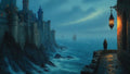 GRID THUMBNAIL — Cliffside castle above a dark blue sea at twilight, glowing windows and lantern, distant sailing ships, lone cloaked figure on stone parapet.