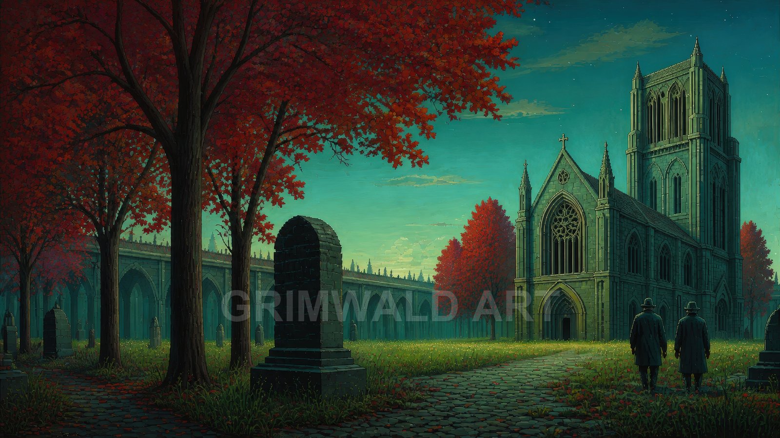 Gothic stone cathedral beside long cloister and autumn red trees, cobbled path and gravestones under a teal twilight sky with faint stars.
