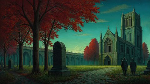 GRID THUMBNAIL — Gothic stone cathedral beside long cloister and autumn red trees, cobbled path and gravestones under a teal twilight sky with faint stars.
