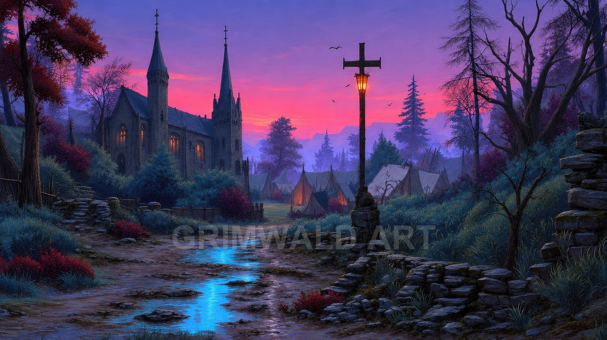 Twilight village with a gothic church, glowing tents, a lantern cross and a blue stream winding along a muddy path amid misty trees.