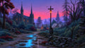 GRID THUMBNAIL — Twilight village with a gothic church, glowing tents, a lantern cross and a blue stream winding along a muddy path amid misty trees.