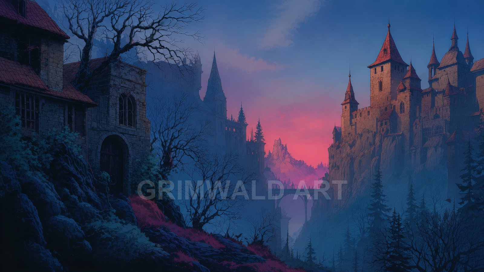 Gothic castle perched on a cliff above a misty valley at twilight, arched bridge and leafless trees under blue and pink sky.