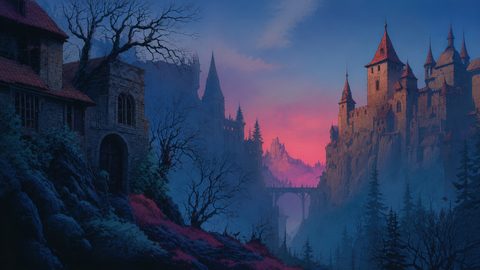 GRID THUMBNAIL — Gothic castle perched on a cliff above a misty valley at twilight, arched bridge and leafless trees under blue and pink sky.