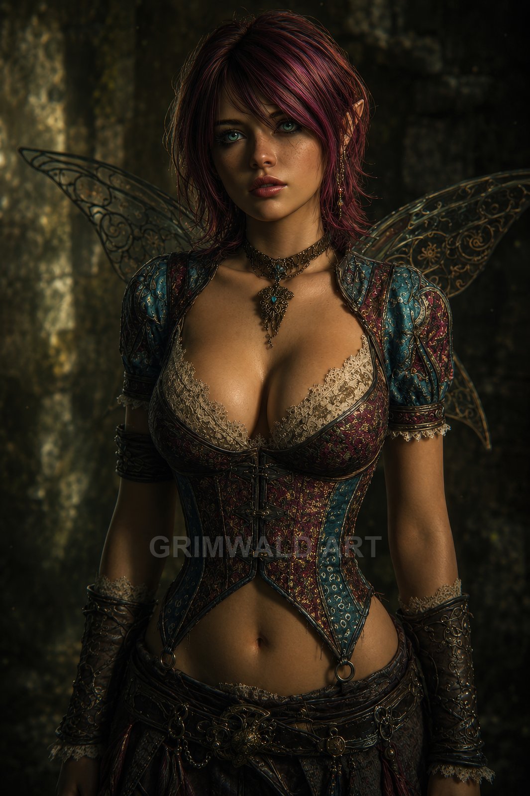 Winged fae woman with pink hair and pointed ears, wearing an ornate teal corset and jewellery, standing in a moody twilight forest.