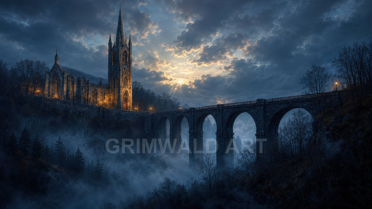An illuminated gothic cathedral beside a high stone viaduct spans a fog-filled valley under dramatic twilight clouds, lanterns glowing along the bridge.