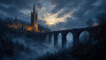 GRID THUMBNAIL — An illuminated gothic cathedral beside a high stone viaduct spans a fog-filled valley under dramatic twilight clouds, lanterns glowing along the bridge.