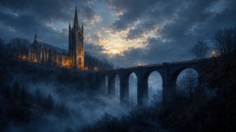 GRID THUMBNAIL — An illuminated gothic cathedral beside a high stone viaduct spans a fog-filled valley under dramatic twilight clouds, lanterns glowing along the bridge.