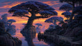 GRID THUMBNAIL — Giant purple-canopied trees rise from rocky islets around a calm lake at sunset, beside a weathered stone walkway and steps.