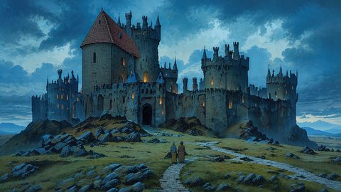 GRID THUMBNAIL — A medieval-style castle with lit windows crowns a rocky hill under a moody twilight sky, approached by a winding stone path and two small figures.