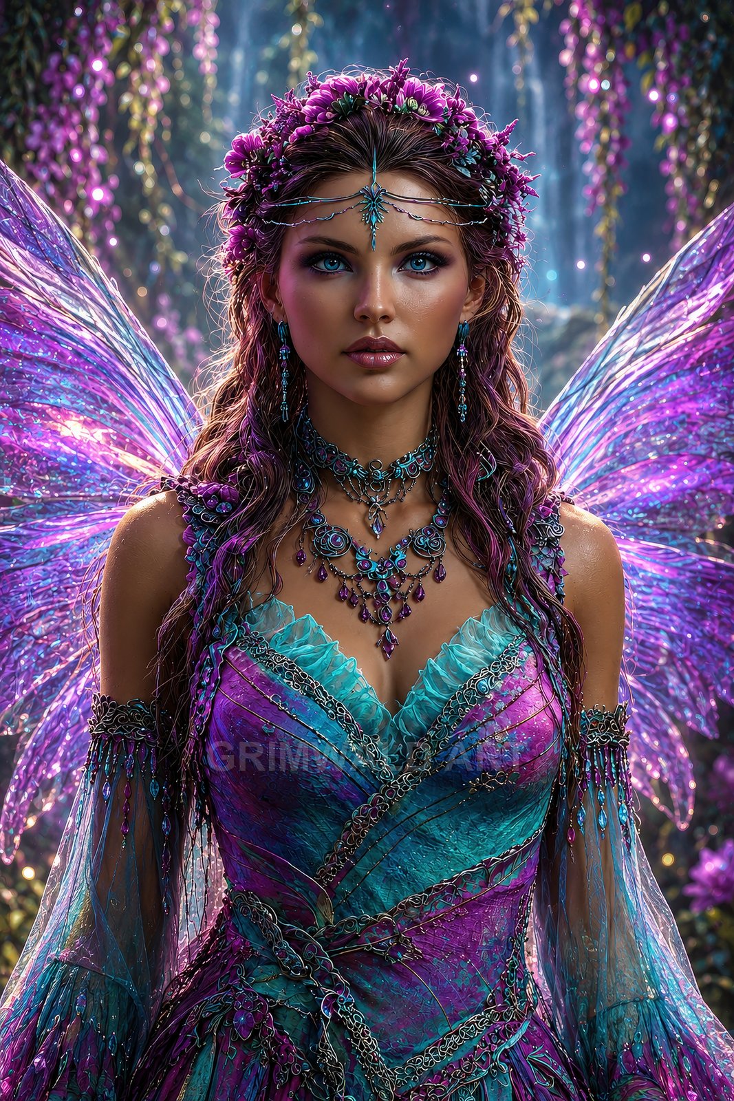 Iridescent-winged fae woman in a teal and purple bejewelled gown, wearing a floral circlet, standing in a twilight forest with glowing motes.
