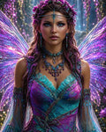 GRID THUMBNAIL — Iridescent-winged fae woman in a teal and purple bejewelled gown, wearing a floral circlet, standing in a twilight forest with glowing motes.