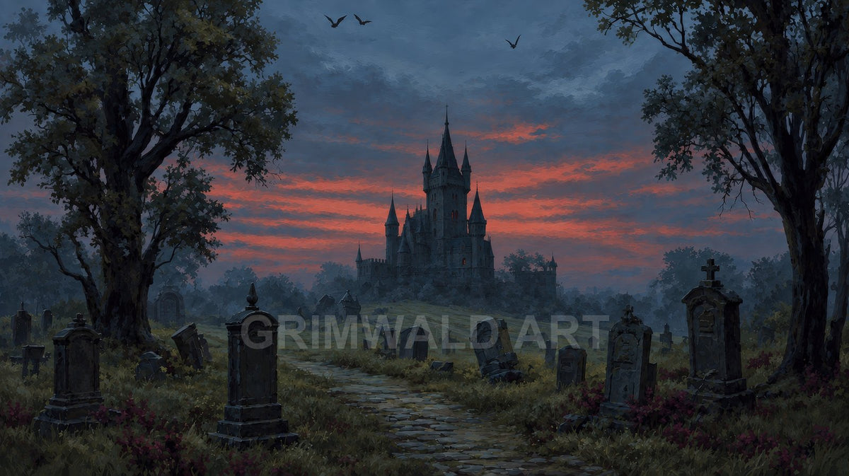 Gothic castle silhouetted at dusk beyond a misty graveyard, with leaning tombstones, cobblestone path, and bats under red-streaked twilight clouds.