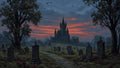 GRID THUMBNAIL — Gothic castle silhouetted at dusk beyond a misty graveyard, with leaning tombstones, cobblestone path, and bats under red-streaked twilight clouds.